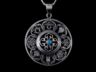PA417 Pendentif Argent Massif Mandala Signes Auspicieux Turquoise