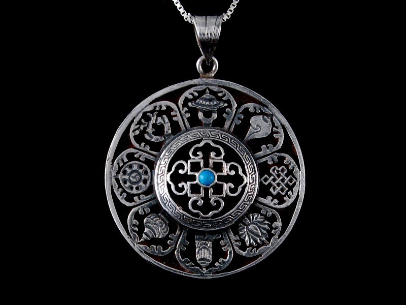 PA417 Pendentif Argent Massif Mandala Signes Auspicieux Turquoise
