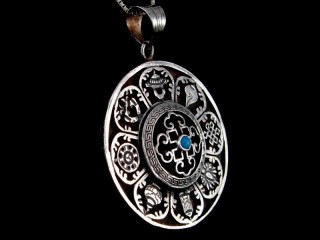 PA417 Pendentif Argent Massif Mandala Signes Auspicieux Turquoise