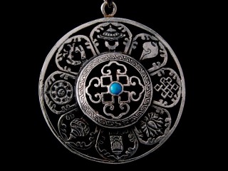 PA417 Pendentif Argent Massif Mandala Signes Auspicieux Turquoise