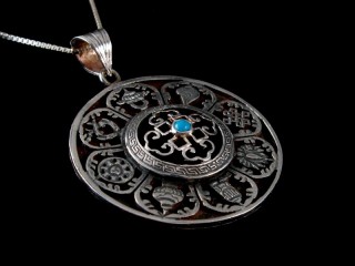 PA417 Pendentif Argent Massif Mandala Signes Auspicieux Turquoise