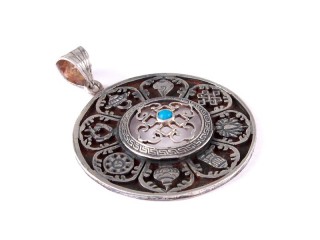 PA417 Pendentif Argent Massif Mandala Signes Auspicieux Turquoise