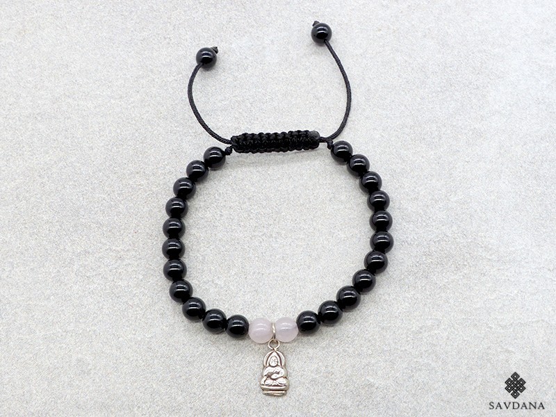 BrMala340 Bracelet Mala Onyx Quartz Rose Bouddha Argent Massif 20 cm
