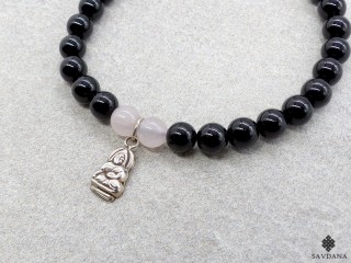 BrMala340 Bracelet Mala Onyx Quartz Rose Bouddha Argent Massif 20 cm