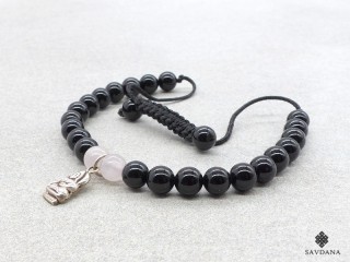 BrMala340 Bracelet Mala Onyx Quartz Rose Bouddha Argent Massif 20 cm