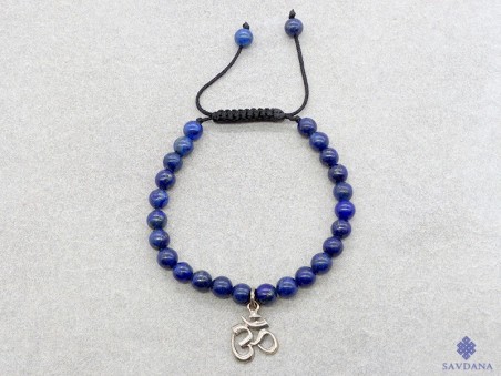 BrMala284 Bracelet Mala Lapis Lazuli Om Argent Massif. 16 cm