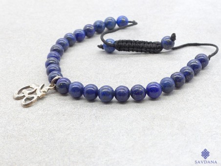 BrMala284 Bracelet Mala Lapis Lazuli Om Argent Massif. 16 cm