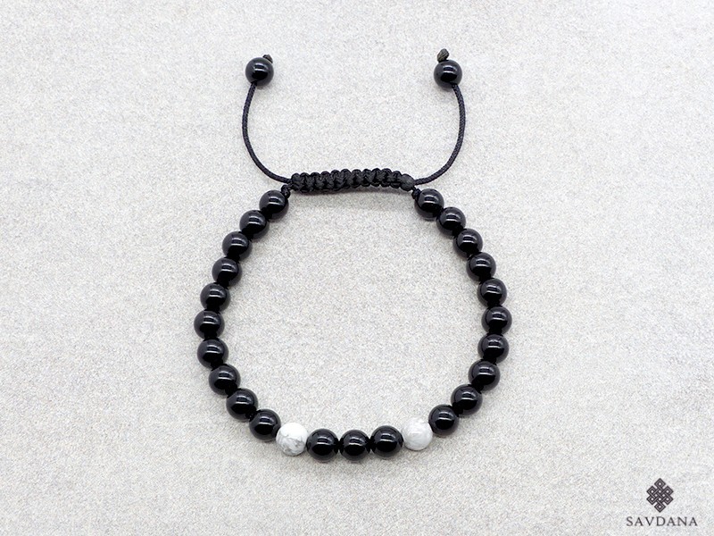 BrMala403 Bracelet Mala de Prières Tibétain Howlite Onyx. 17 cm