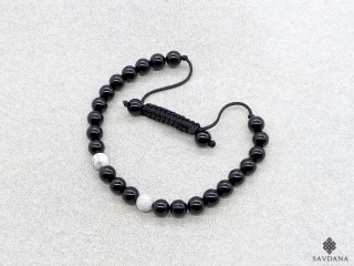 BrMala403 Bracelet Mala de Prières Tibétain Howlite Onyx. 17 cm
