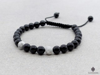 BrMala403 Bracelet Mala de Prières Tibétain Howlite Onyx. 17 cm