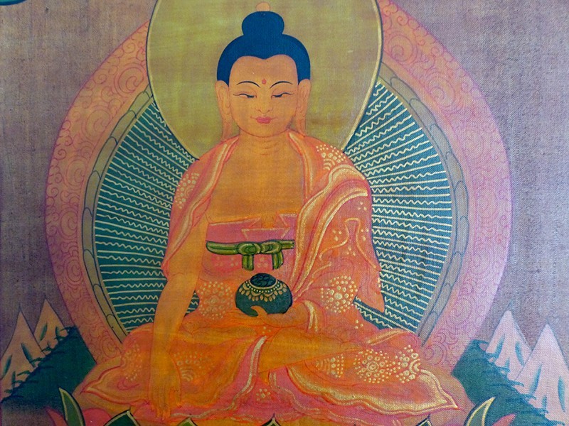 Gandhanra Thangka Tibétain Amitayus Doré - Peinture Bouddha Tantrique, Tapisserie Murale Zen Pour Méditation