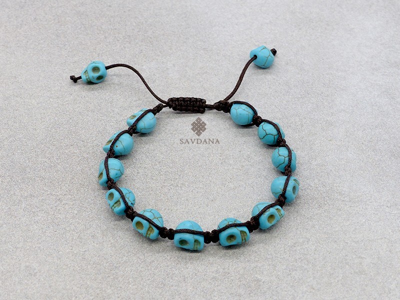 BrD392 Bracelet Mala Tibétain Crâne Tetes de Mort Bleues