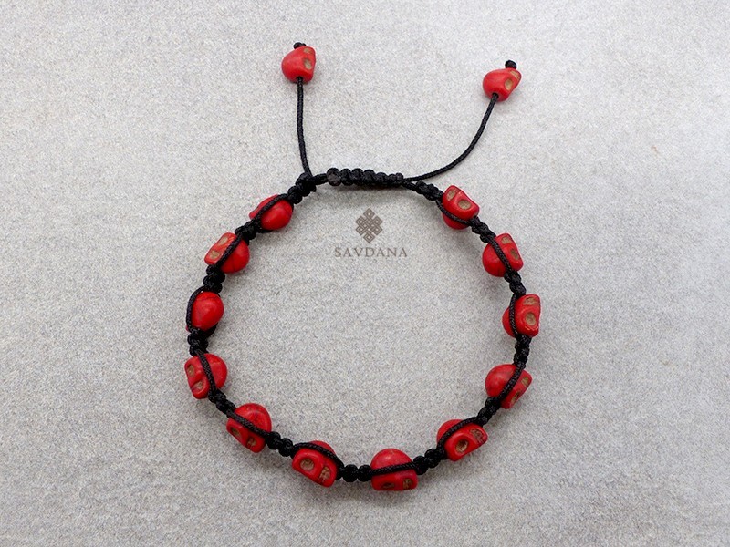 BrD394 Bracelet Mala Tibétain Crâne Tetes de Mort Rouges