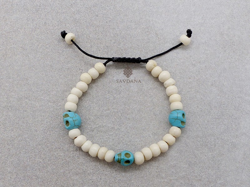 BrD393 Bracelet Mala Tibétain Crâne Tetes de Mort Bleues