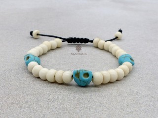 BrD393 Bracelet Mala Tibétain Crâne Tetes de Mort Bleues