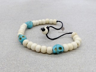 BrD393 Bracelet Mala Tibétain Crâne Tetes de Mort Bleues