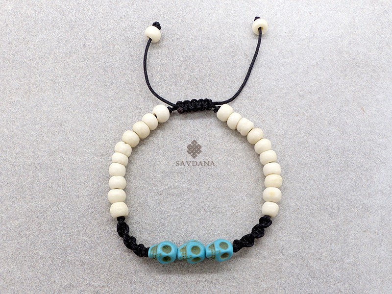 BrD397 Bracelet Mala Tibétain Crâne Tetes de Mort Bleues