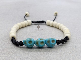 BrD397 Bracelet Mala Tibétain Crâne Tetes de Mort Bleues
