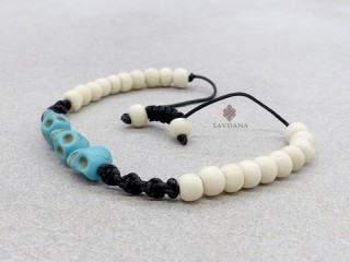 BrD397 Bracelet Mala Tibétain Crâne Tetes de Mort Bleues