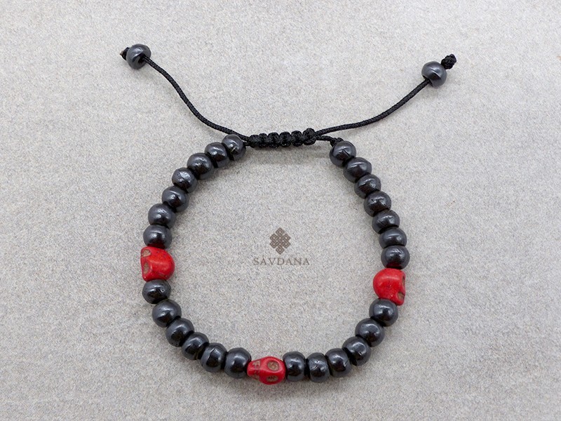 BrD396 Bracelet Mala Tibétain Crâne Tetes de Mort Rouges