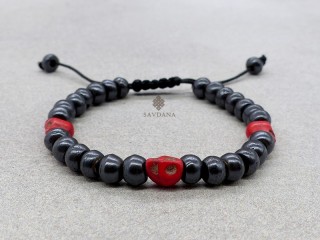 BrD396 Bracelet Mala Tibétain Crâne Tetes de Mort Rouges