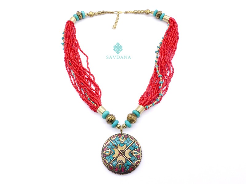 Collier Mi-long Tibétain Tuyau Ciselé Gris - Alliage, Style Ethnique, Neuf Sans Emballage