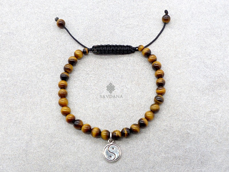 BrMala342 Bracelet Mala de Prières Tibétain Oeil de Tigre Yin Yang Argent Massif