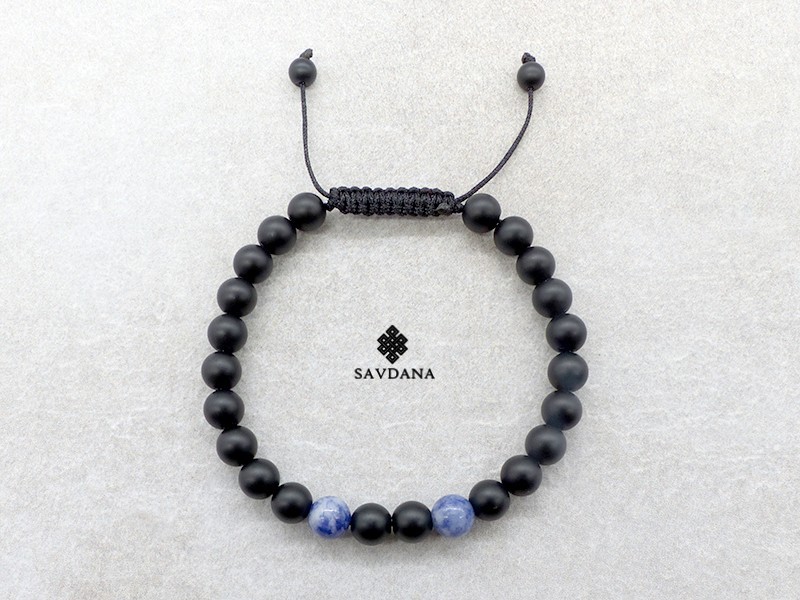 BrMala436 Bracelet Mala de Prières Tibétain Bois Onyx Mat Sodalite