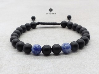 BrMala436 Bracelet Mala de Prières Tibétain Bois Onyx Mat Sodalite