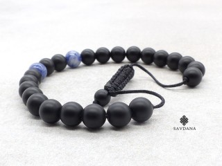 BrMala436 Bracelet Mala de Prières Tibétain Bois Onyx Mat Sodalite