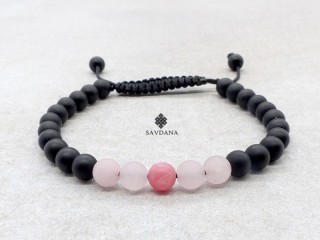 BrMala443 Bracelet Mala de Prières Tibétain Onyx Quartz Rose Jadéite Mat