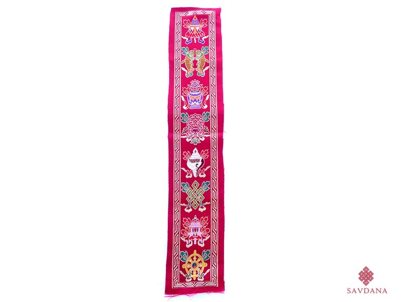 TPB61 Tissu Tibétain Traditionnel Bordeau Signes Auspicieux du Bouddhisme