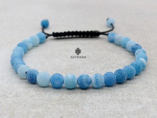 BrMala446 Bracelet Mala de Prières Tibétain Agate Bleue Fissurée