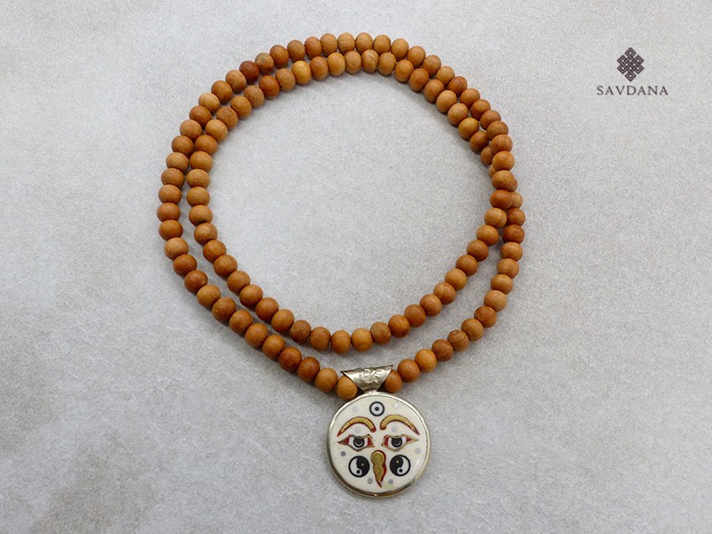 Mala158 Mala de Prières Tibétain Os de Buffle Bois de Santal Mantra Om