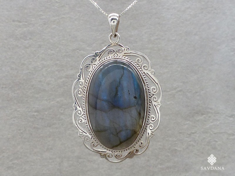 Pendentif Labradorite Sur Argent 925 - Pierre Bleue Ovale, 11,9 G, Occasion
