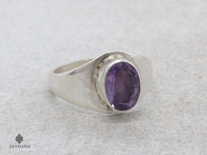 Bague En Argent Massif Avec Améthyste Cabochon Et Baguette - Taille 51
