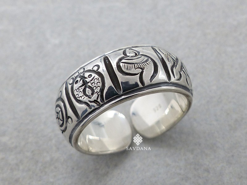 BA589 Bague Tibétaine en Argent Massif Astamangala