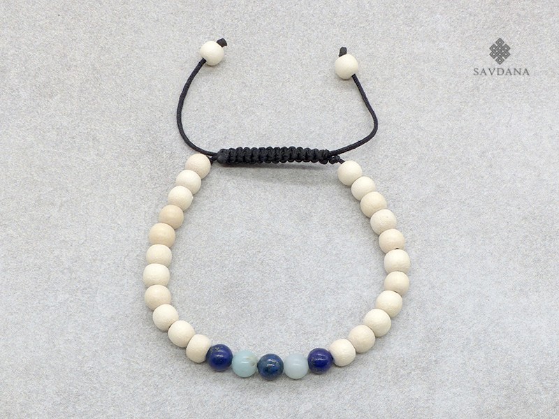 BrMala392 Bracelet Mala de Prières Tibétain Bois Lapis Lazuli Amazonite