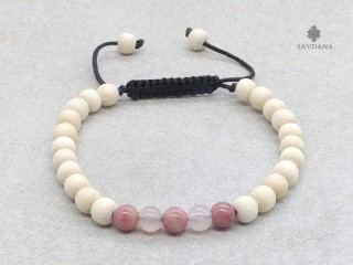 BrMala395 Bracelet Mala de Prières Tibétain Bois Jaspe Quartz Rose