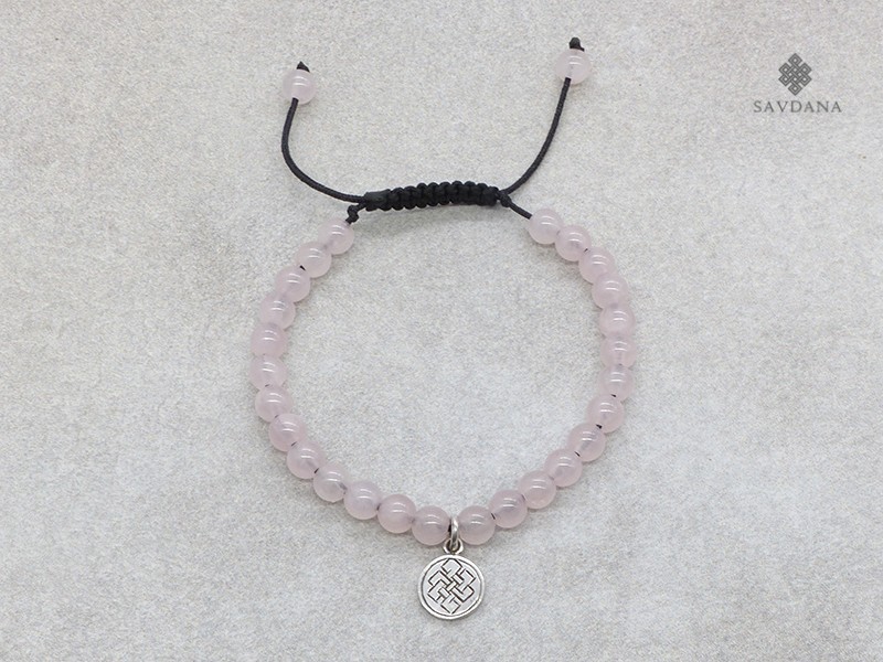 BrMala337 Bracelet Mala de Prières Tibétain Quartz Rose Noeud Sans Fin Argent Massif