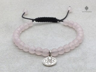 BrMala337 Bracelet Mala de Prières Tibétain Quartz Rose Noeud Sans Fin Argent Massif
