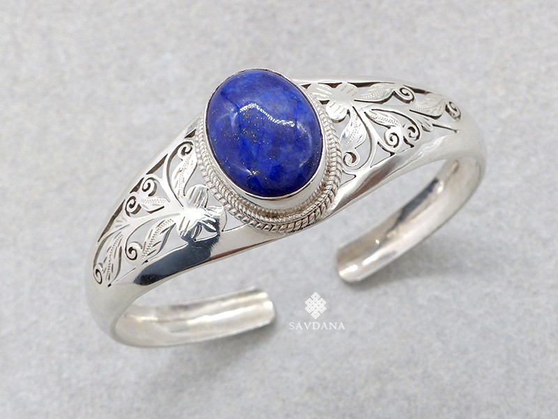 BrA144. Bracelet Tibétain Argent Massif Lapis Lazuli