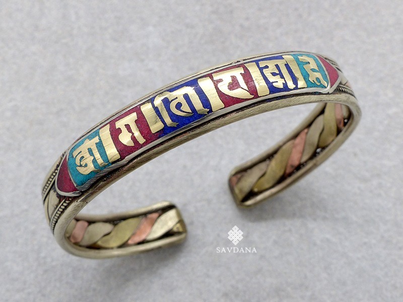 BrD355 Bracelet Tibétain Cuivre Laiton Métal Argenté Mantra