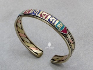 BrD355 Bracelet Tibétain Cuivre Laiton Métal Argenté Mantra