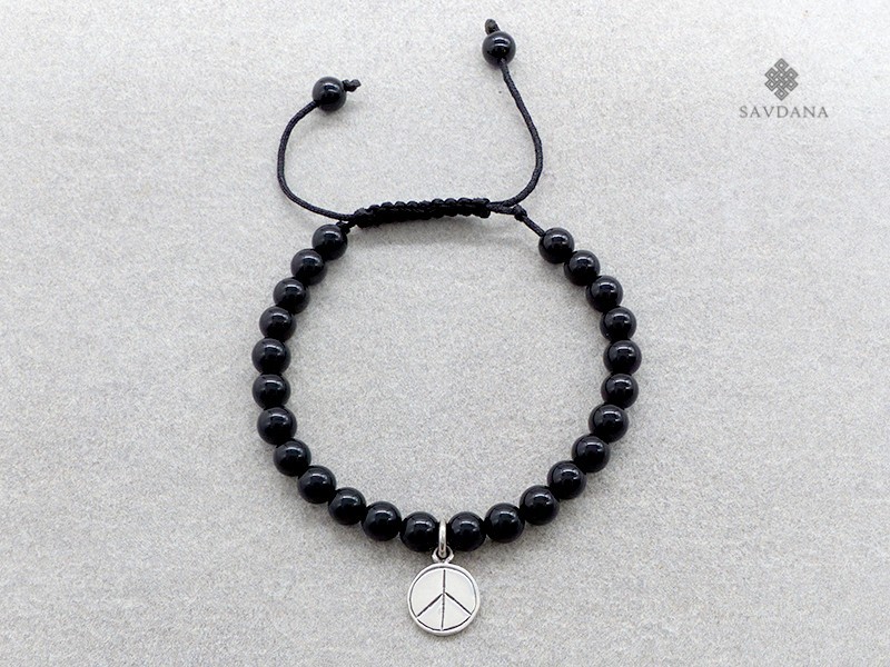 BrMala331 Bracelet Mala de Prières Tibétain Onyx Signe de la Paix Argent Massif