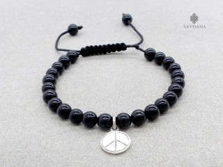 BrMala331 Bracelet Mala de Prières Tibétain Onyx Signe de la Paix Argent Massif