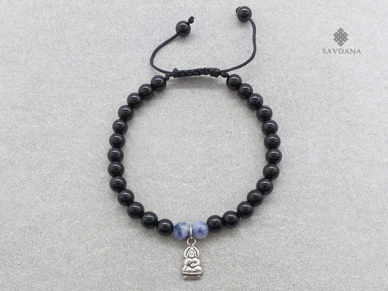 BrMala348 Bracelet Mala Onyx Sodalite Bouddha Argent Massif