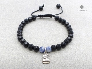 BrMala348 Bracelet Mala Onyx Sodalite Bouddha Argent Massif