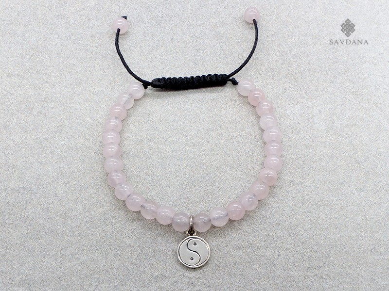 BrMala338 Bracelet Mala de Prières Tibétain Quartz Rose Yin Yang Argent Massif