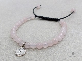 BrMala338 Bracelet Mala de Prières Tibétain Quartz Rose Yin Yang Argent Massif